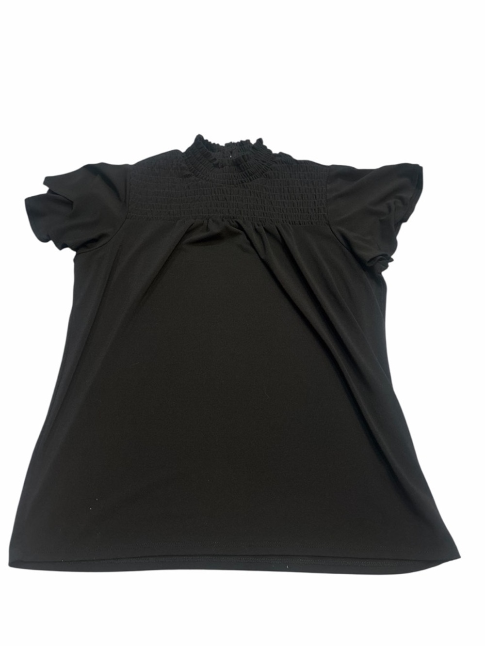 Adrianna Papell Black Smocked High-Neck Flutter Sleeve Top